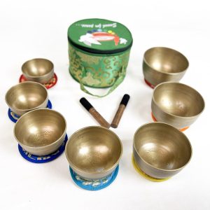 Small Singing Bowls Golden Carving Set (7 bowls) (10-15 cm, 3.7 kg)