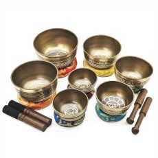 Small Singing Bowls Golden Carving Set (7 bowls) (8-13 cm, 2.6 kg)