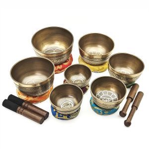 Small Singing Bowls Golden Carving Set (7 bowls) (8-13 cm, 2.6 kg)