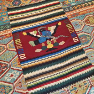 Shamanic Mexican Handmade Wool Blanket Green Red (192x123cm)