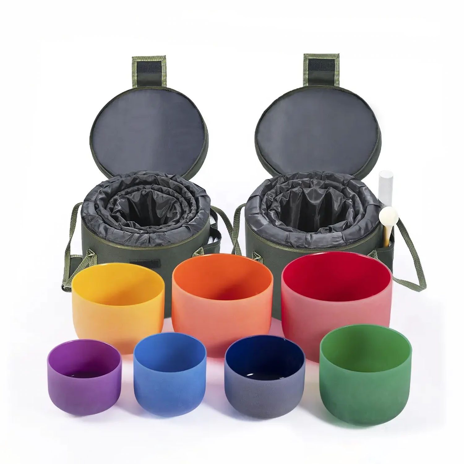 Inside Colored Frosted Quartz Crystal Singing Bowls Chakra Set (16-30 cm, 13.5 kg) - Image 2