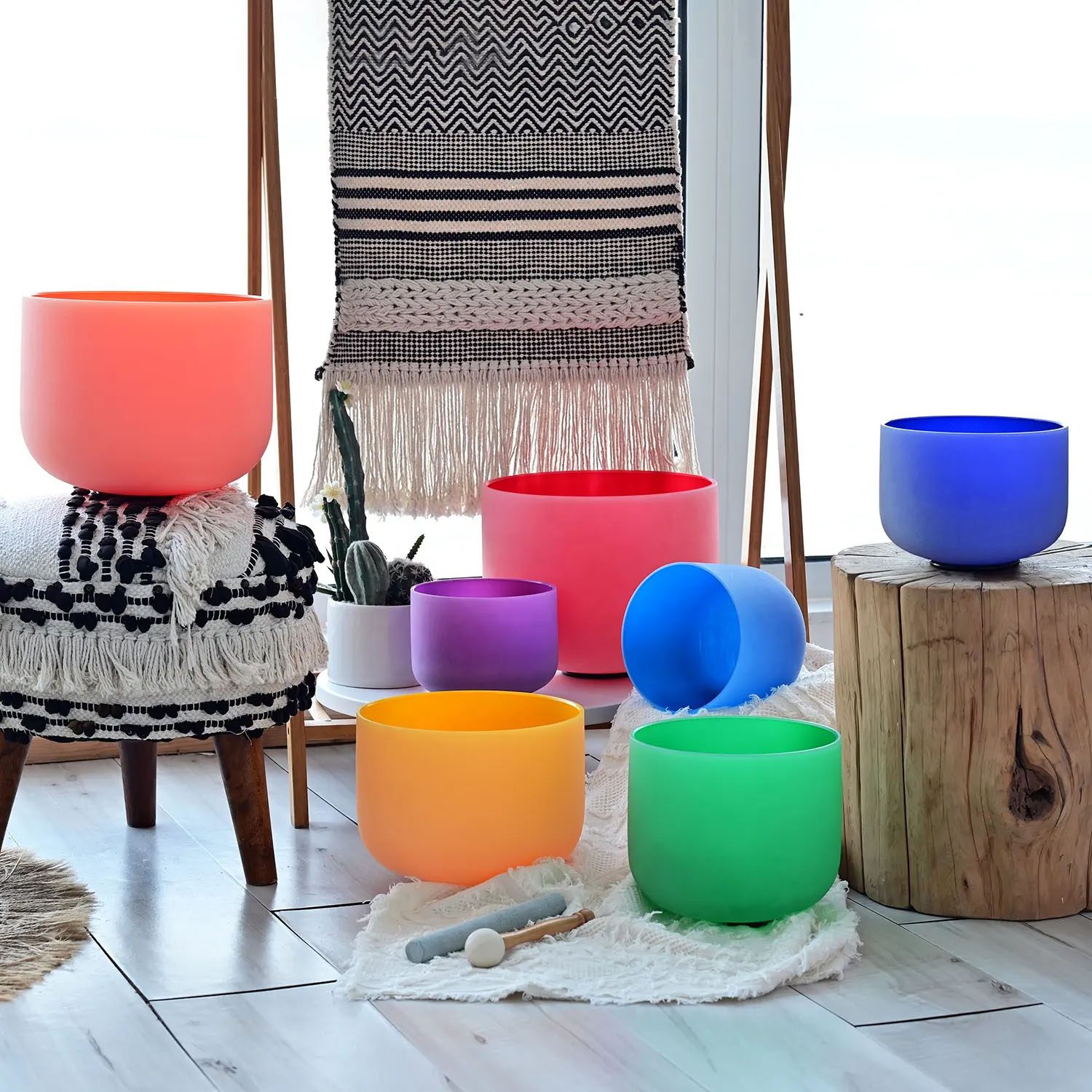 Inside Colored Frosted Quartz Crystal Singing Bowls Chakra Set (16-30 cm, 13.5 kg) - Image 4