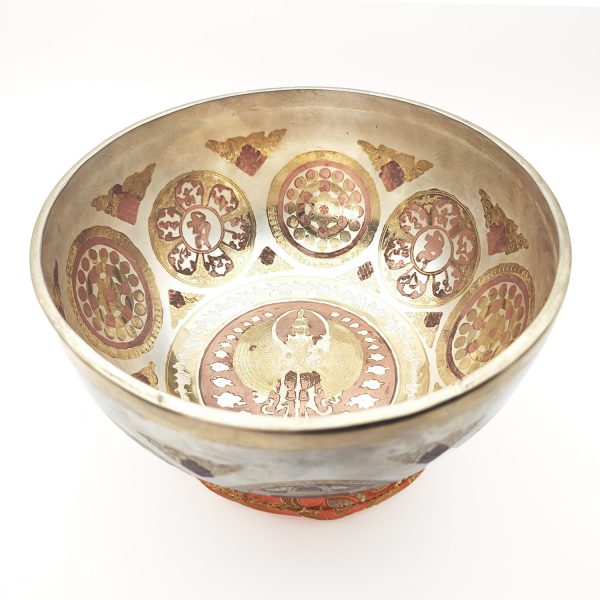 Hammered Gold, Silver & Copper Platted Singing Bowl "Saharabhuja Avalokiteshvara (Thousand Hands Buddha)" - F3 (23 cm, 1.3 kg)