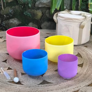 Inside Colored Frosted Quartz Crystal Singing Bowls Half-Set (4 Bowls - C-E-G-B)