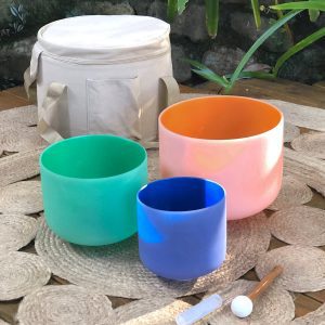 Inside Colored Frosted Quartz Crystal Singing Bowls Half-Set (3 Bowls - D-F-A)
