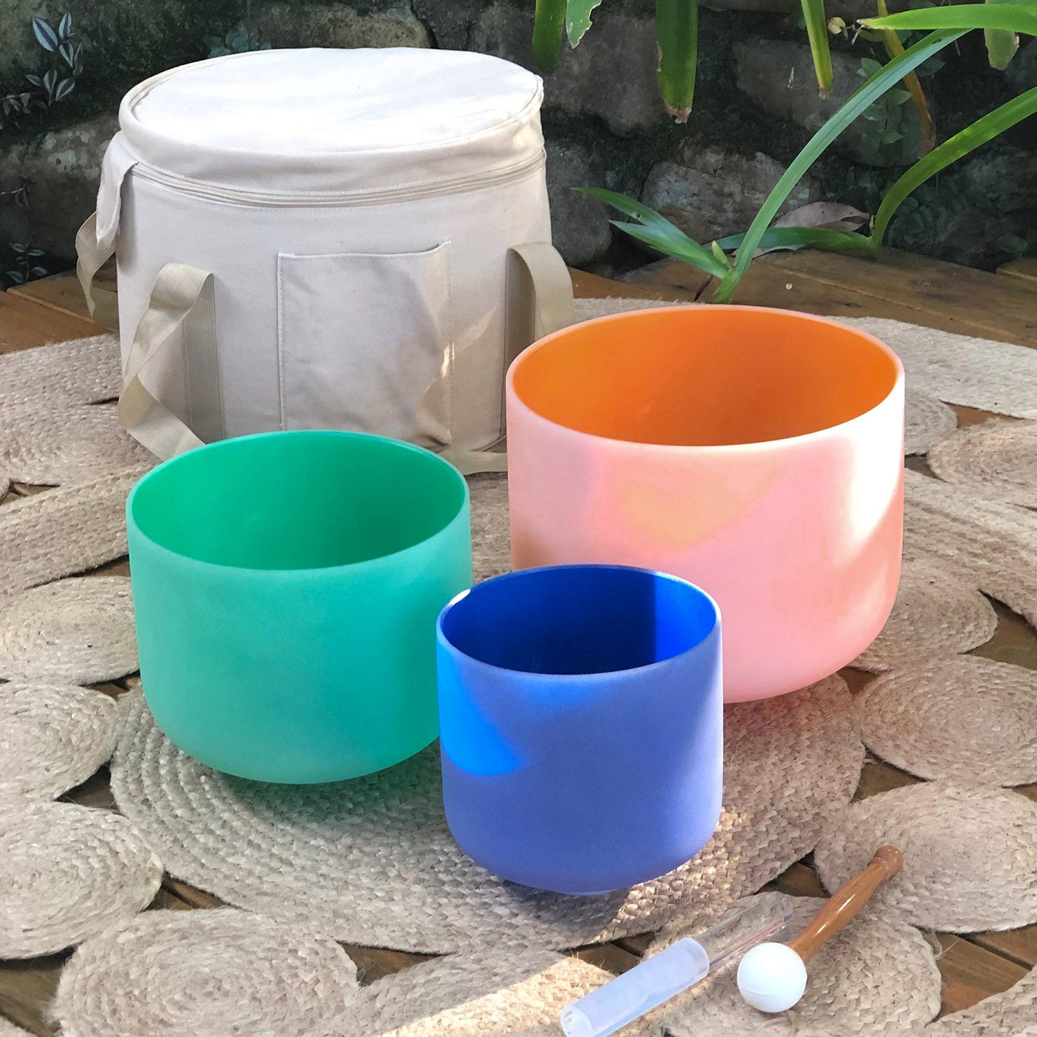 Inside Colored Frosted Quartz Crystal Singing Bowls Half-Set (3 Bowls - D-F-A)