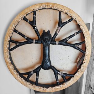 Shamanic Drum With Leather & Silver "Black Wolf" (45 cm)