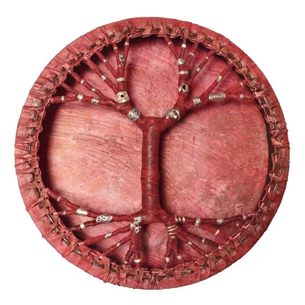 Shamanic Colored Drum With Leather & Silver 925 "Bloody Jaguar" (50 cm) (Dragonfruit Natural Dyeing)