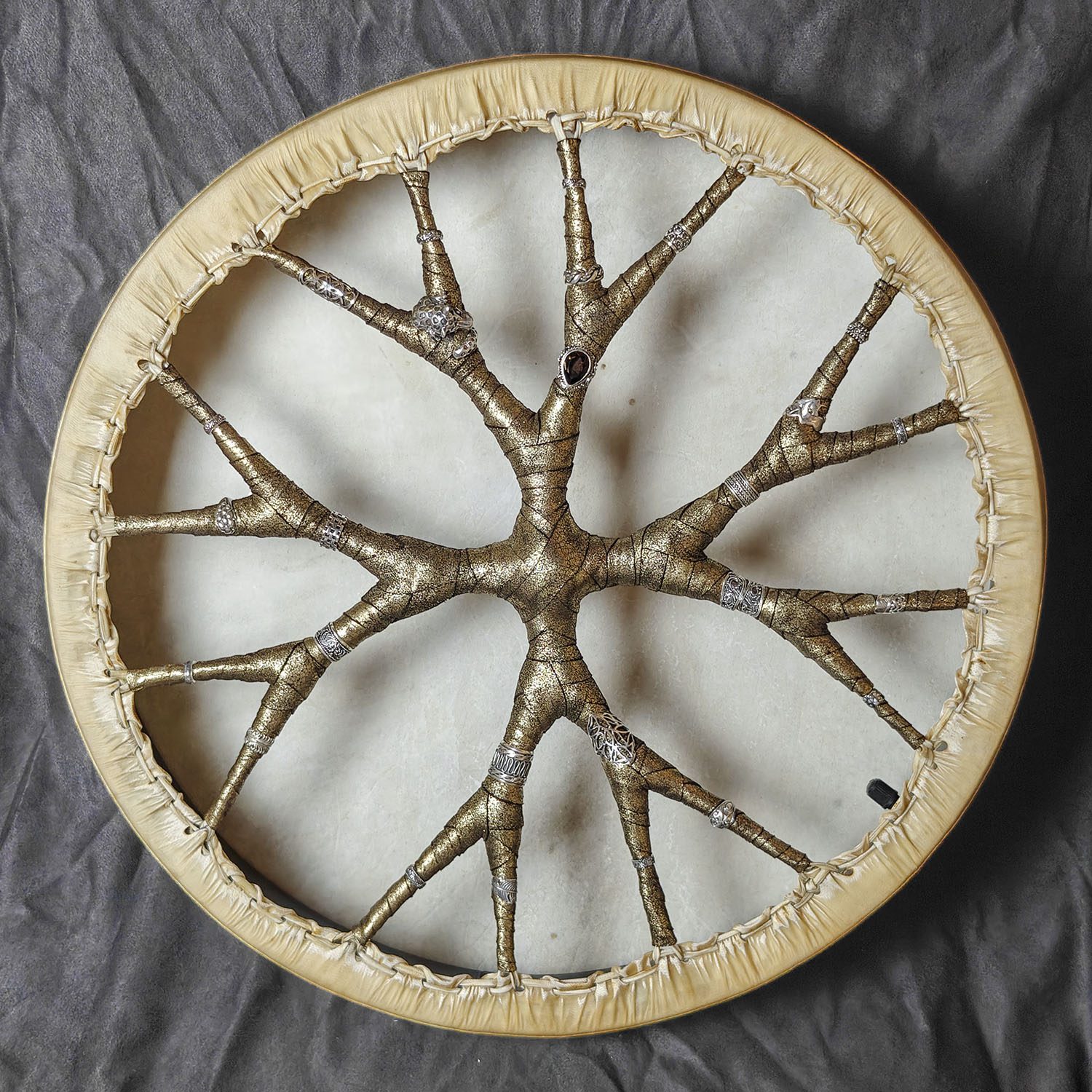 Shamanic Drum With Leather & Silver 925 "Golden Jaguar" (45 cm) (+ case)