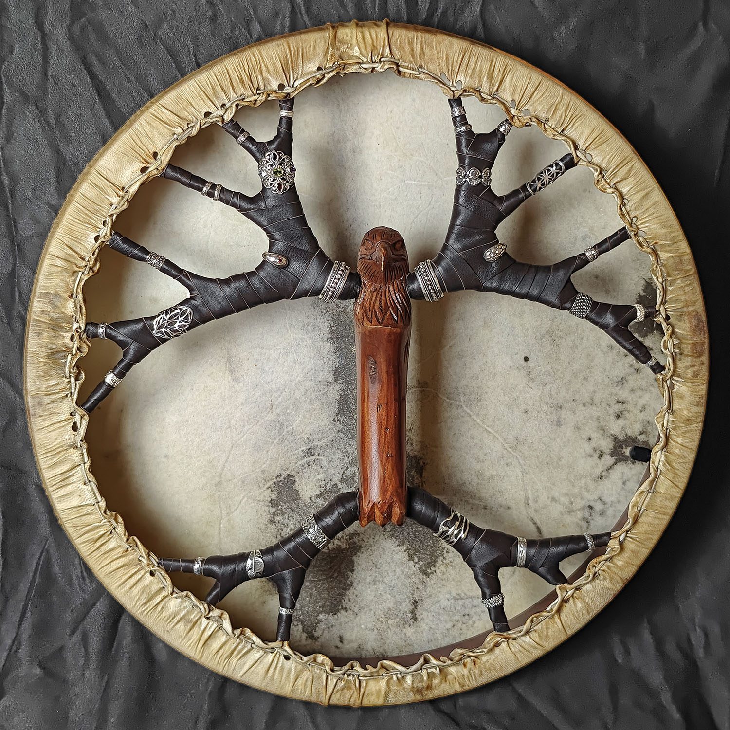 Shamanic Drum With Leather & Silver 925 "Brown Leather Eagle" (45 cm) (+ case)