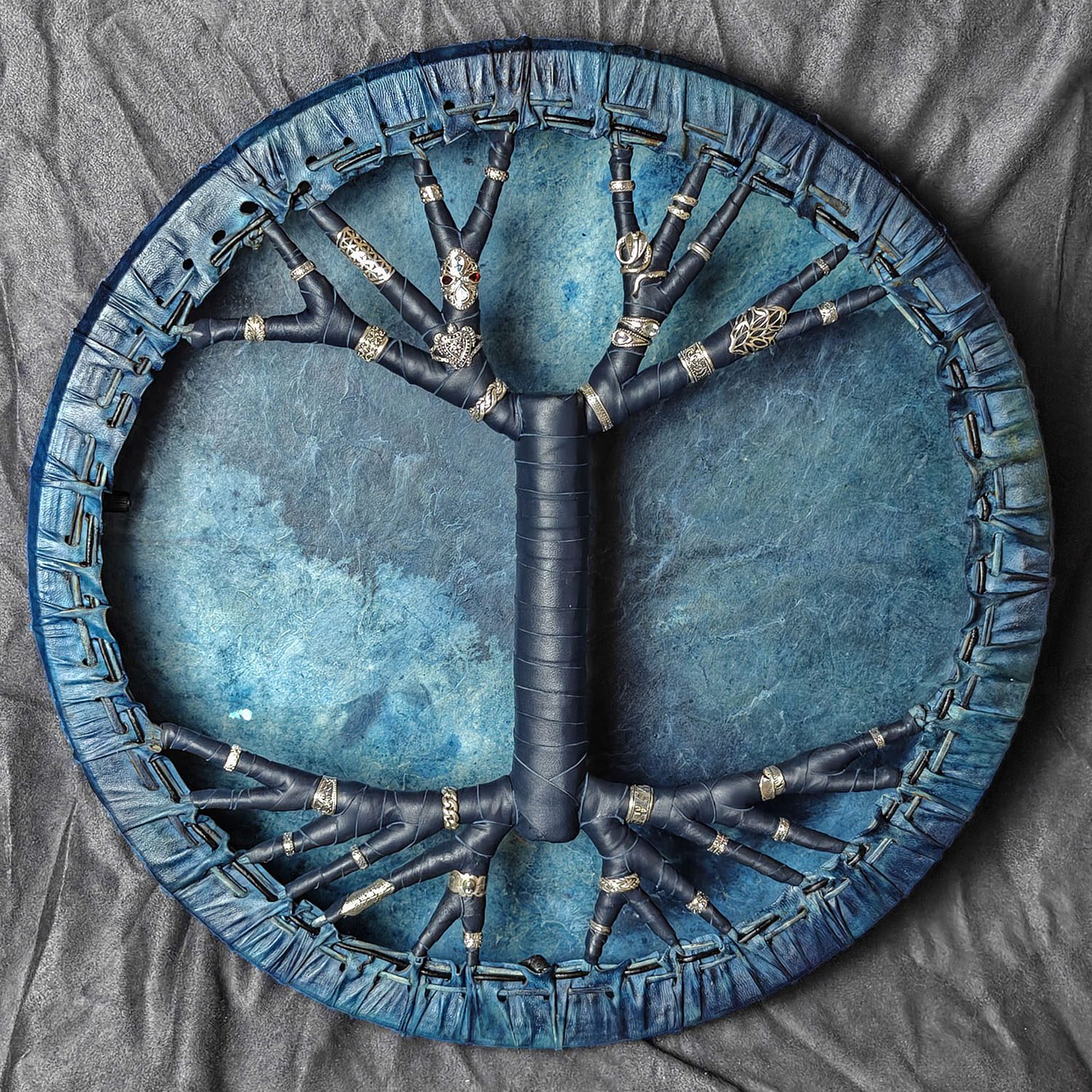 Shamanic Drum With Suede & Silver 925 "Blue Snake" (45 cm) (Pea Flower Natural Dyeing) (+ case)
