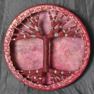 Shamanic Colored Drum With Leather & Silver 925 "Scarlet Peacock" (45 cm) (Dragonfruit Natural Dyeing) (+ case)