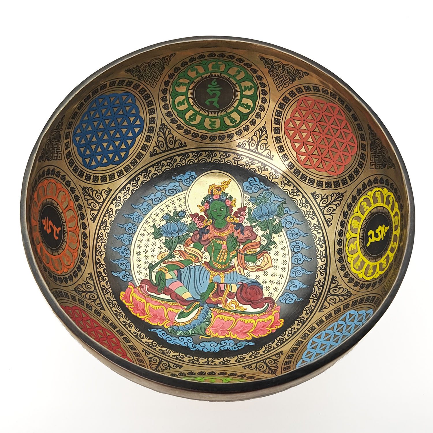 Thangka Hammered Singing Bowl "Green Tara" - E3 (23 cm, 1.5 kg)