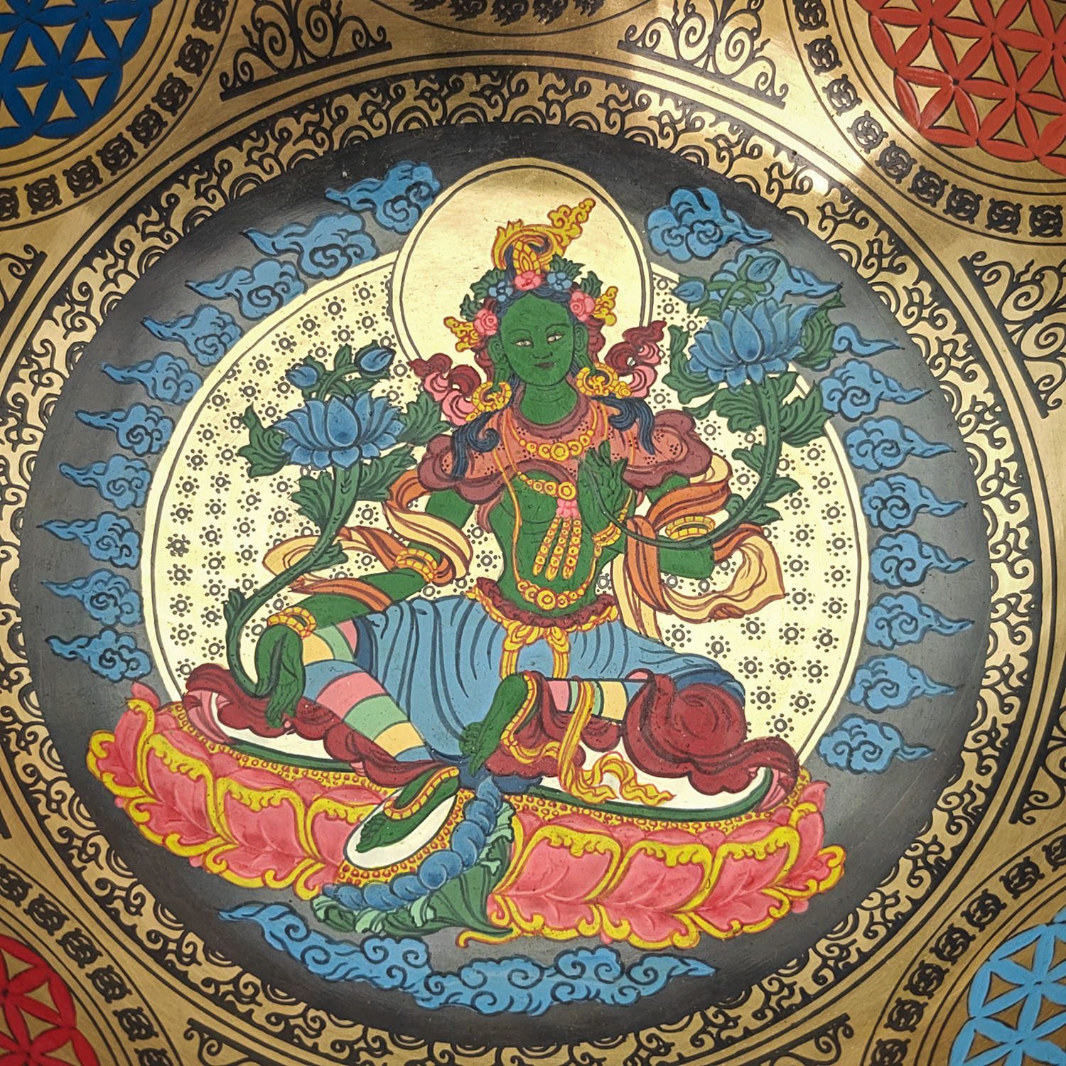 Thangka Hammered Singing Bowl "Green Tara" - E3 (23 cm, 1.5 kg) - Image 3