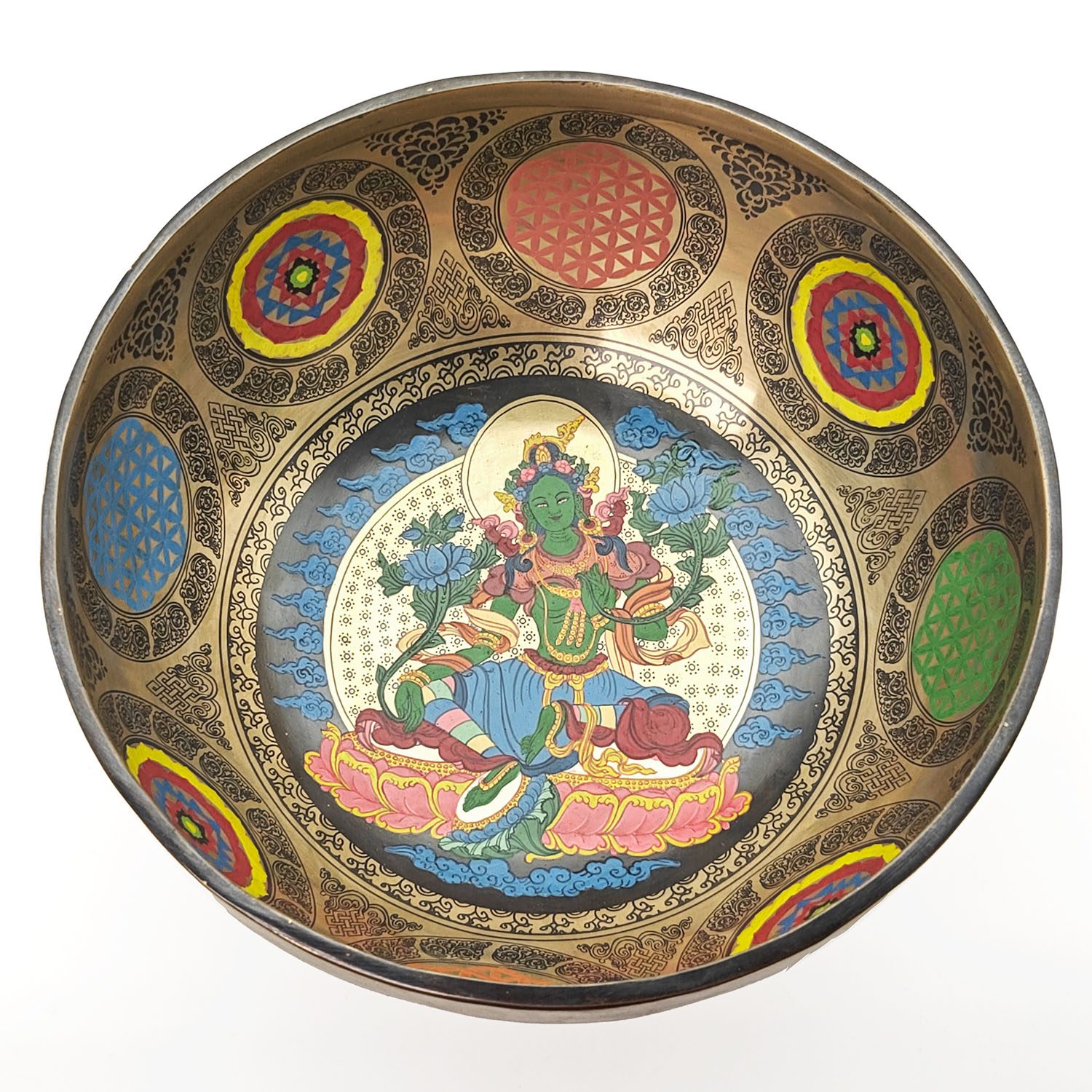 Thangka Hammered Singing Bowl "Green Tara" - F3 (22 cm, 1.6 kg)