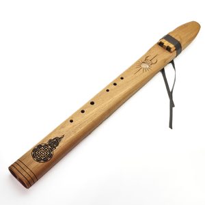 Premium Drone Double Flute Teakwood Moon Stone "Flame Symbol" - Dm (66 cm) (+ case)