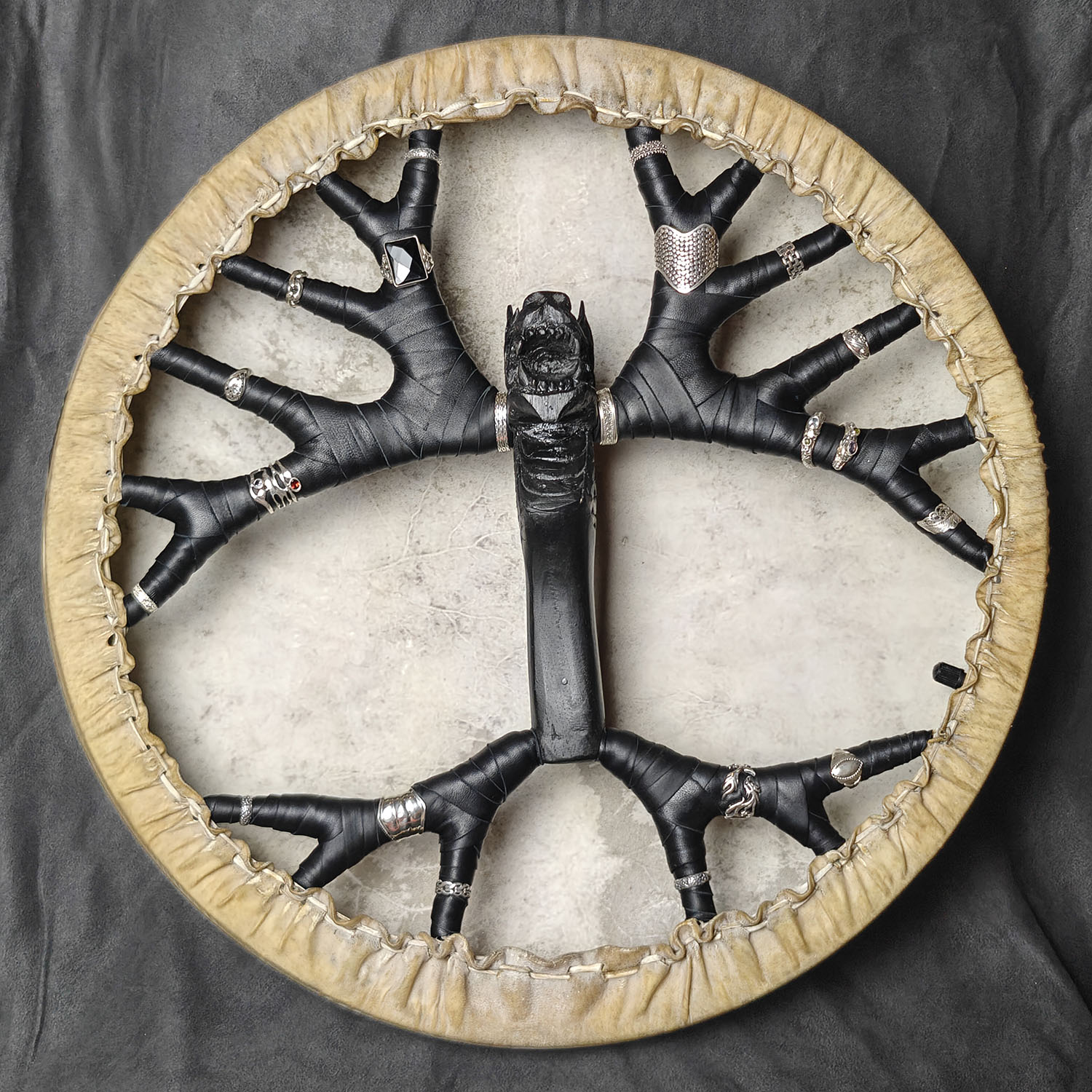 Shamanic Drum With Leather & Silver 925 "Deep Black Dragon" (45 cm) (+ case)
