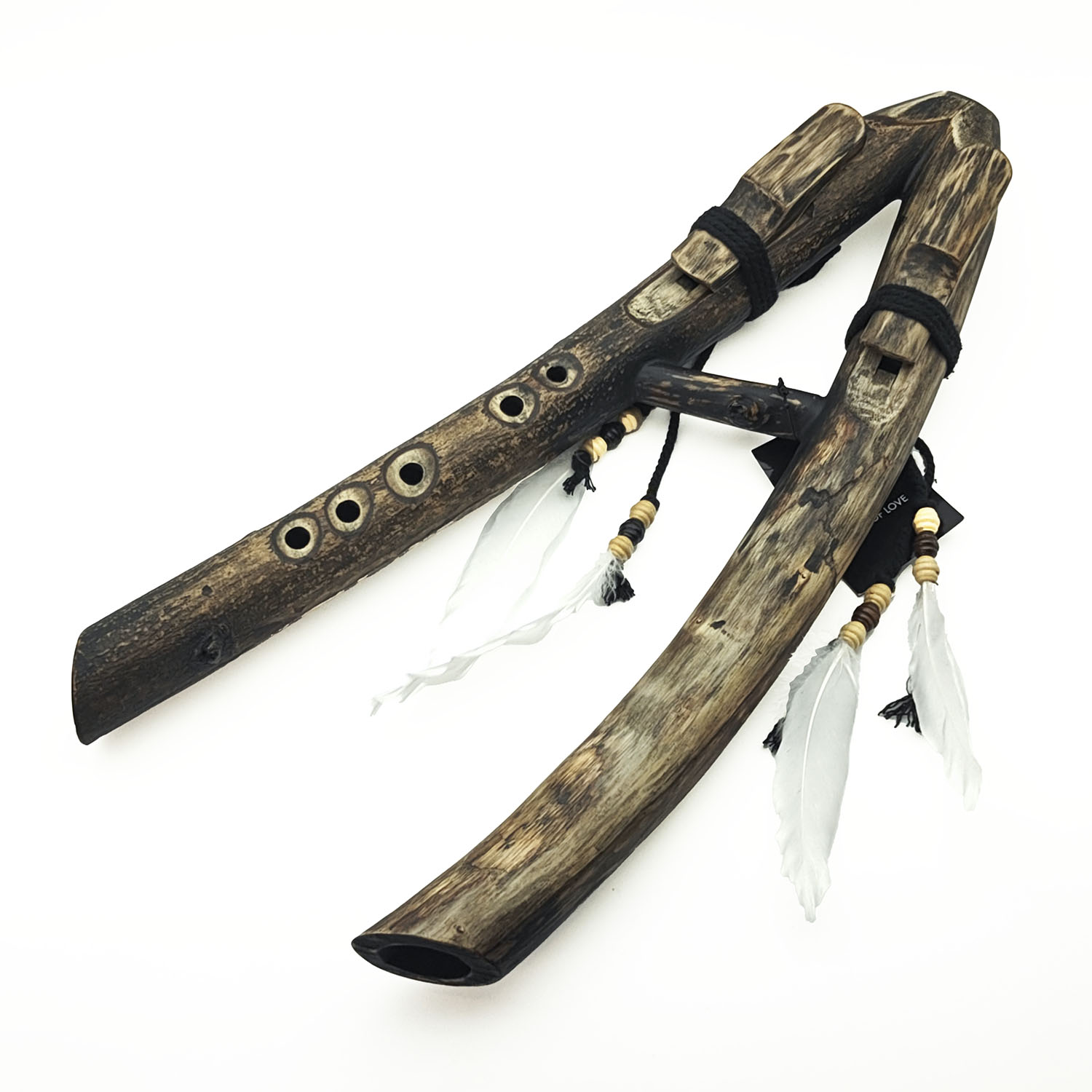 JUANG FLUTES Drone Double Forest Flute - B4 (432 Hz, 44 cm, Acacia Branch) (+ pouch)