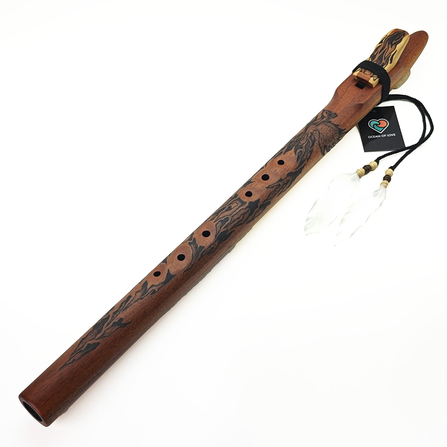JUANG FLUTES Single Carved Flute "Phoenix" - D4 Minor (432 Hz, 67 cm, Mahogany) (+ pouch)