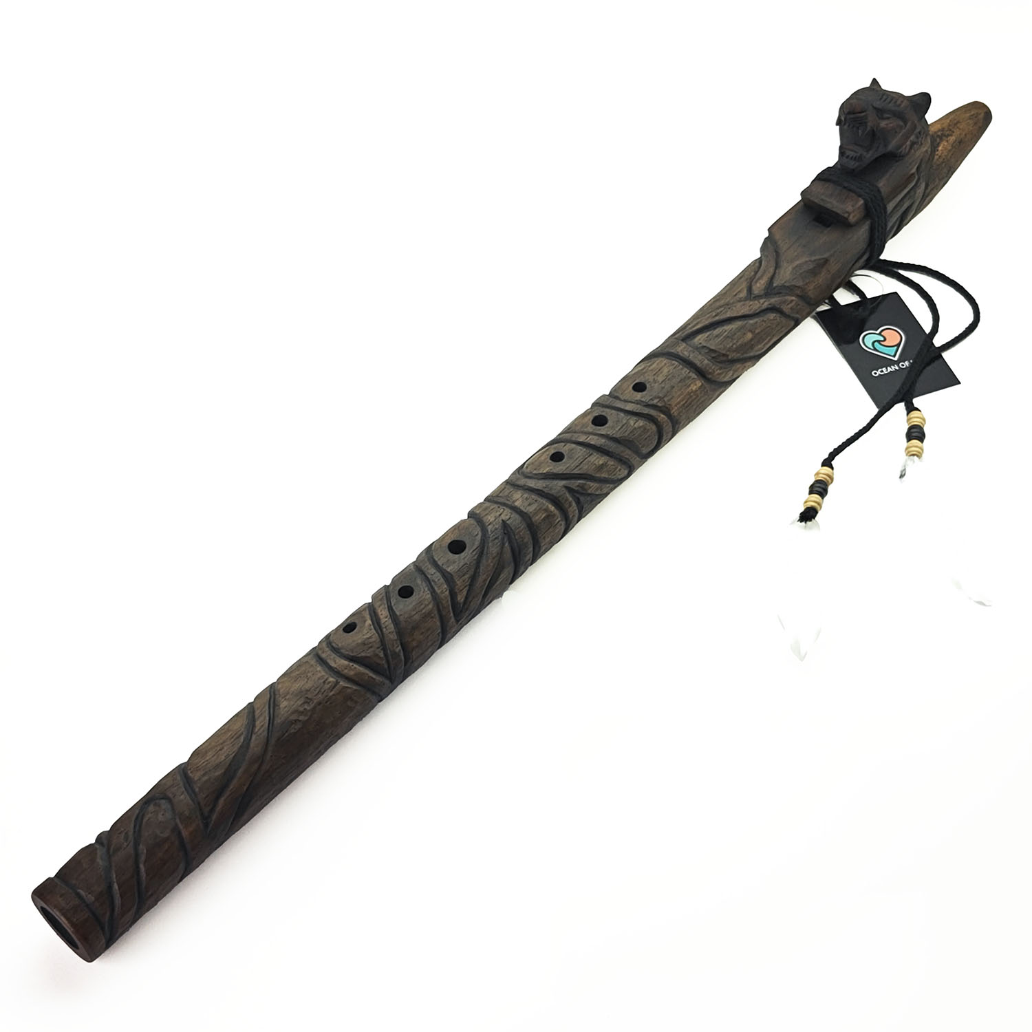 JUANG FLUTES Single Carved Flute "Jaguar" - D4 Minor (432 Hz, 65 cm, Teakwood) (+ pouch)