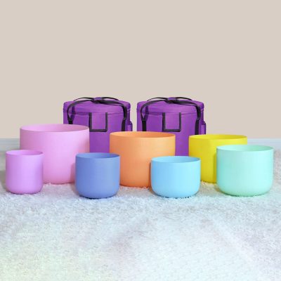 Macaron Double Colored Frosted Quartz Crystal Singing Bowls Chakra Set (6-12" , ~14 kg)